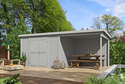 8711615183027-1060205-Tuinhuis-Blokhut-met Overkapping-Kjeld 550x250 Platinum Grey
