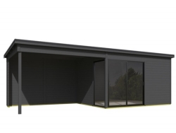 8711615183140Tuinhuis-Blokhut-met Overkapping-Olivia 385x295 + Aanbouw Carbon Grey